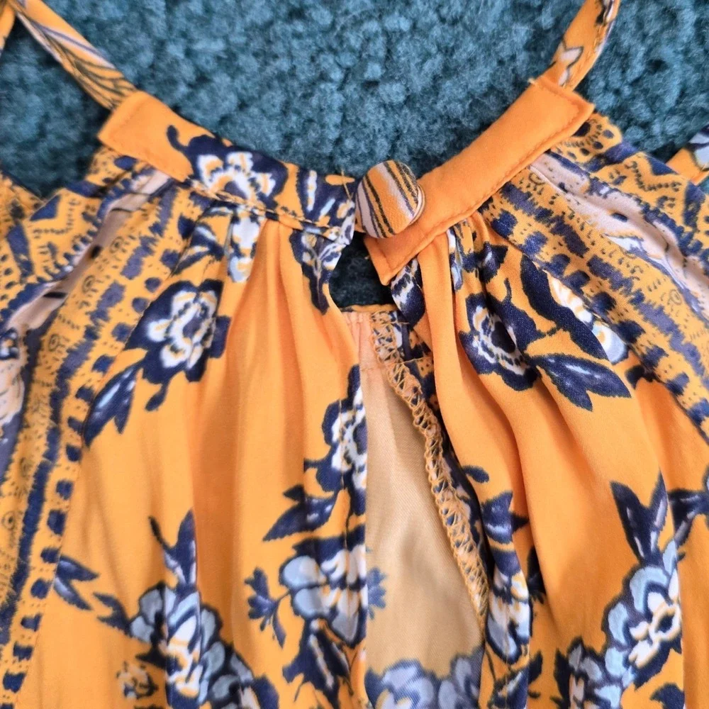 Free People Small Yellow Floral Paisley Handkerchief‎ Hem Halter Top Side Ties